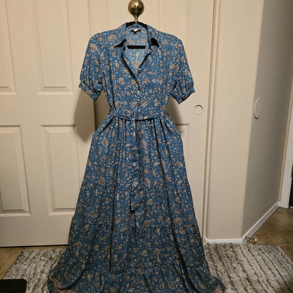 Teal Blue Floral Maxi Shirt Dress with Self Tie Belt